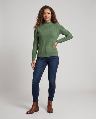 Damen Feiner Zopfmuster‑Strickpullover mit kurzem Rollkragen aus Merino‑Mix Echoarchiv
