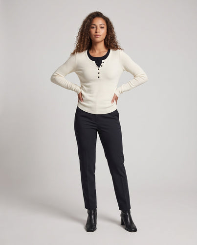 Damen Feines Layering-Longsleeve mit Knopfblende und Lagenlook Echoarchiv
