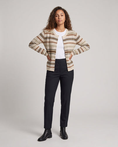 Damen Feinstrick-Cardigan mit Norwegerstreifen und Rundhalsausschnitt Echoarchiv