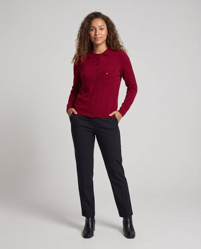 Damen Feinstrick-Cardigan mit Polokragen, 3/4-Arm und dezenter Brusttasche Echoarchiv
