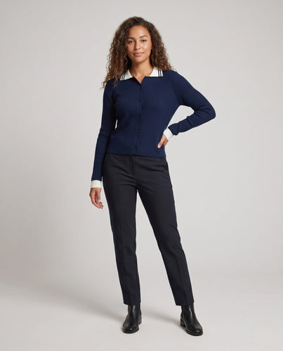 Damen Feinstrick-Cardigan mit Polokragen und kontrastierenden Bündchen Echoarchiv
