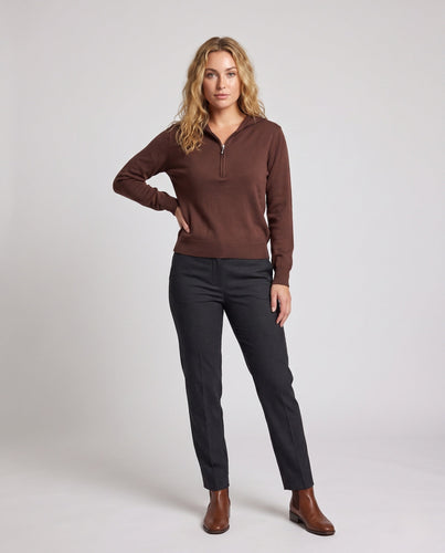 Damen Feinstrickpullover mit halbhohem Reißverschluss, Volumenärmeln und kaschmirähnlicher Optik Echoarchiv