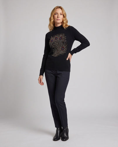 Damen Feinstrickpullover mit Pfauenfeder-Strassapplikation Echoarchiv