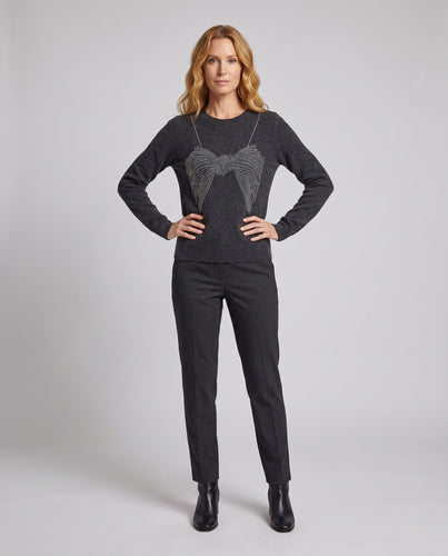 Damen feiner Strickpullover mit Rundhalsausschnitt und funkelnder Schleifen-Strassapplikation Echoarchiv