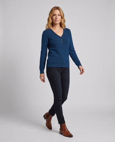 Damen Feinstrickpullover mit V-Ausschnitt und dekorativer Knopfleiste, kaschmirähnliche Weichheit Echoarchiv