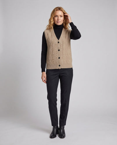 Damen Flauschige Strickweste mit V‑Ausschnitt, Zopfmuster und Knopfleiste Echoarchiv
