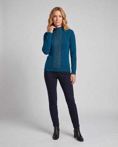 Damen Flauschiger Feinstrick-Pullover mit hohem Kragen und vertikaler Pailletten‑Applikation Echoarchiv