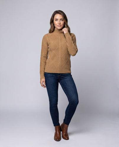 Damen Flauschiger Strukturstrick‑Mockneckpullover mit Zopf‑ und Rautenmuster Echoarchiv