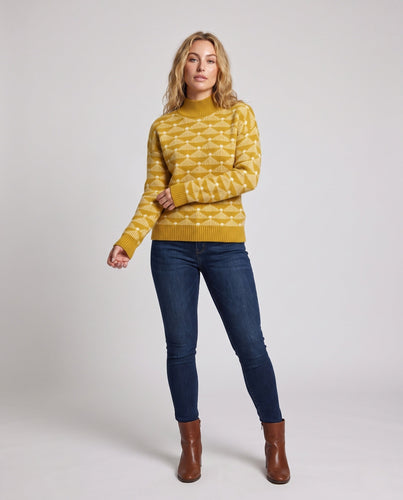 Damen Gemusterter Feinstrick-Mockneckpullover mit geometrischem Jacquard und kaschmirähnlicher Haptik Echoarchiv