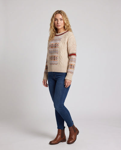 Damen Gemusterter Oversize-Pullover mit Norweger-Motiv, Zopfmuster und weichem Mohair-Look Echoarchiv