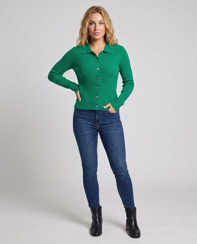 Damen Gerippter Button-Cardigan mit Polokragen und kaschmirähnlicher Weichheit Echoarchiv