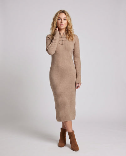 Damen Geripptes Midikleid aus Kaschmir‑Look mit Stehkragen und dekorativer KnEchoarchivelknopfleiste Echoarchiv