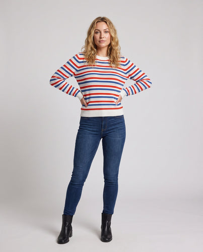 Damen Gestreifter Baumwollmix-Feinstrickpullover mit Ajourstruktur und Rundhals Echoarchiv