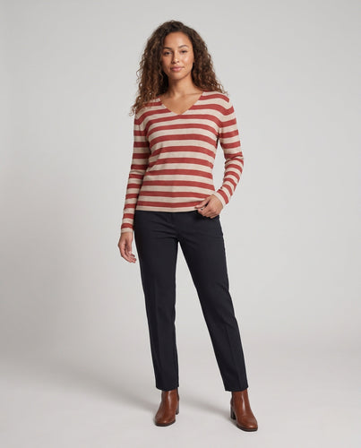 Damen Gestreifter Feinstrickpullover mit V‑Ausschnitt und lässiger Oversize‑Passform Echoarchiv