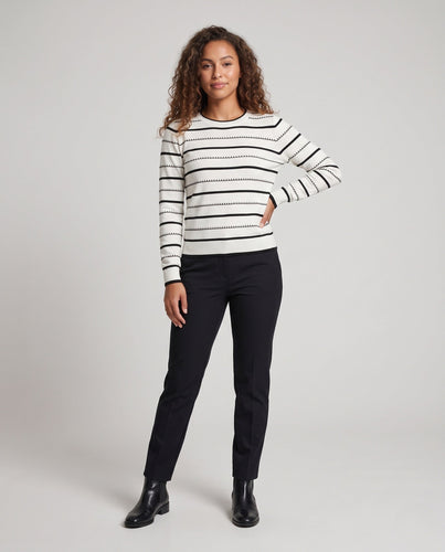Damen Gestreifter Feinstrickpullover mit Zierstich und Rundhalsausschnitt Echoarchiv