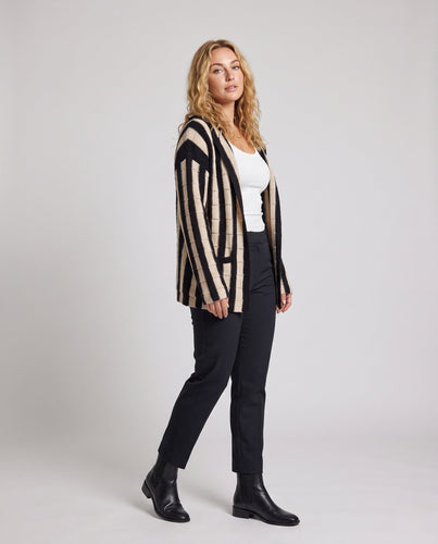 Damen gestreifter Longcardigan mit Kapuze und strukturierter Rippenstrick-Optik Echoarchiv