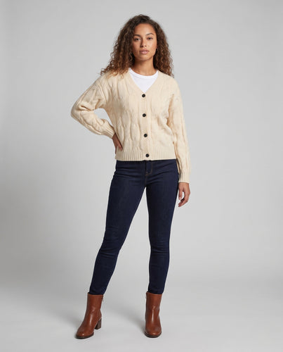 Damen Kabelstrick-Cardigan mit V-Ausschnitt, Oversize-Passform und Ballonärmeln Echoarchiv