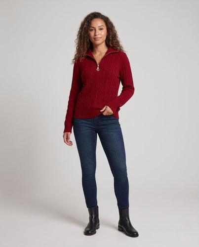 Damen Kabelstrick-Pullover mit halbem Reißverschluss und Stehkragen Echoarchiv