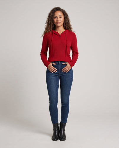 Damen Kapuzen-Feinstrickpullover mit Henley-Knopfleiste, gerippter Schulterpartie und kaschmirähnlicher Weichheit Echoarchiv