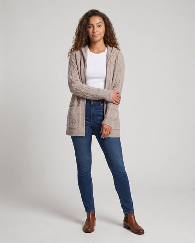 Damen Kapuzen-Longcardigan aus weichem Wollmix mit Zopfmuster, Reißverschluss und Eingrifftaschen Echoarchiv