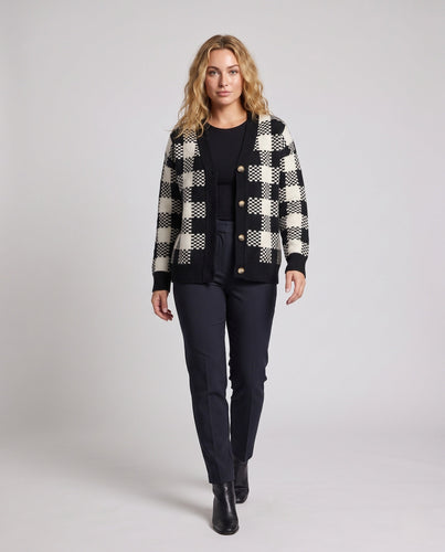 Damen Karierter Strick-Cardigan mit V‑Ausschnitt, Oversize‑Silhouette und dekorativen Knöpfen Echoarchiv