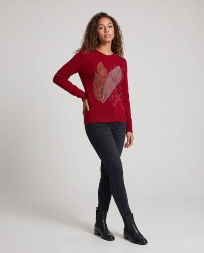 Damen Kaschmir‑Optik Feinstrickpullover mit Strass‑Federmotiv und Rundhalsausschnitt Echoarchiv