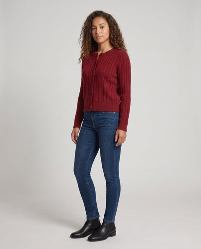 Damen Kurzgeschnittener Zopfmuster-Cardigan mit Kordelzug und Hornknopfleiste Echoarchiv