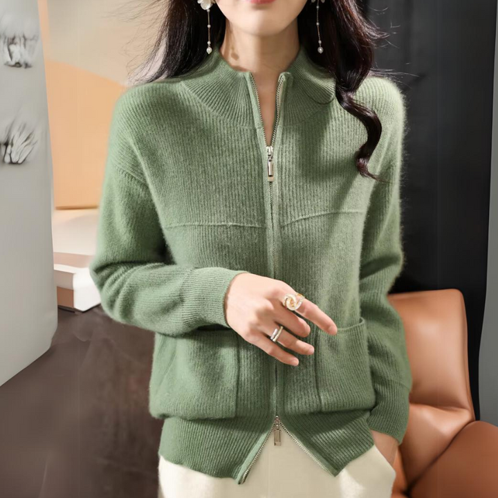 Damen Merino Strickjacke mit Reißverschluss und langen Ärmeln – Veloura
