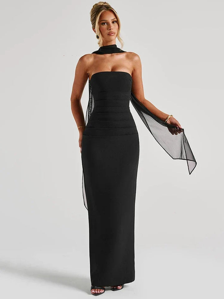 Abendballkleid Strapless Bodenlang Säulensilhouette Halstuchdetail – Élara