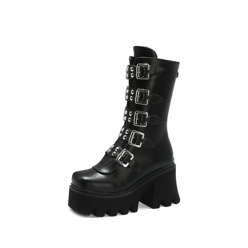 Echoarchiv | Gothic Schuhe Frauen Schwarz Hochstiefel Weiblich Hohe Absatz Frauen Combat Punk Chunky Dame
