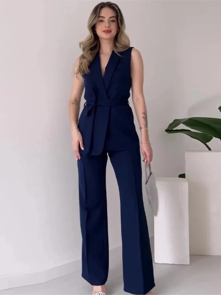 Ärmelloser Blazer-Anzug Taillierte Passform Wickel-V-Ausschnitt Weite Hose – Avérine