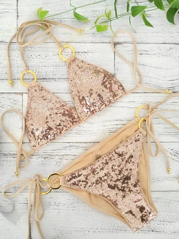 Echoarchiv | Neu Sexy Bikinis Pailletten Goldfarbe Frauen Bandage Bikini Set Push-Up Vorgepolsterter Bh BadEchoarchivnzug Set BadeEchoarchiv