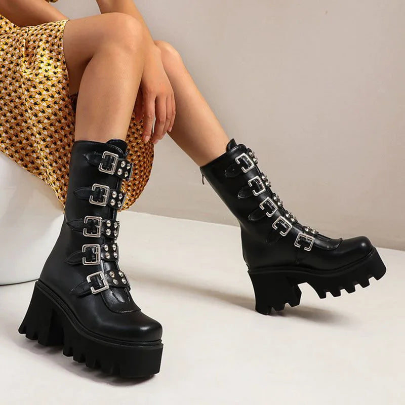 Echoarchiv | Gothic Schuhe Frauen Schwarz Hochstiefel Weiblich Hohe Absatz Frauen Combat Punk Chunky Dame