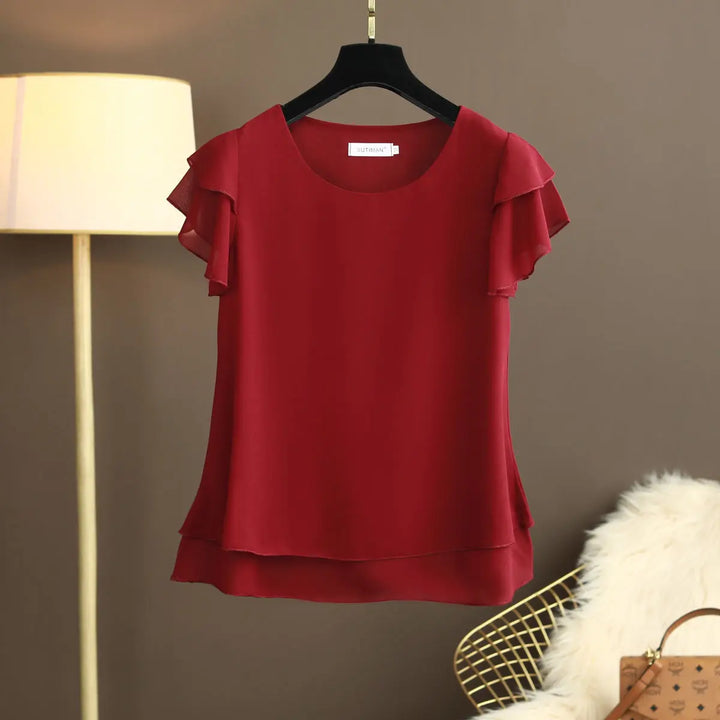 Echoarchiv | Chiffon Bluse mit O-Ausschnitt und Kurzen Ärmeln