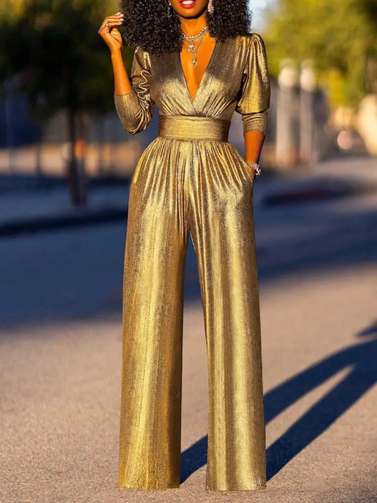 Echoarchiv Damen Jumpsuit mit V-Ausschnitt und Metallic-Optik