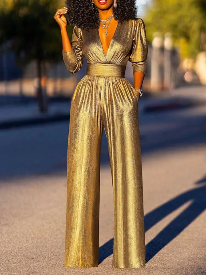 Echoarchiv Damen Jumpsuit mit V-Ausschnitt und Metallic-Optik