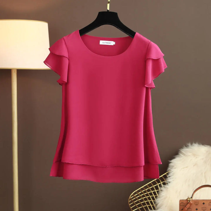 Echoarchiv | Chiffon Bluse mit O-Ausschnitt und Kurzen Ärmeln