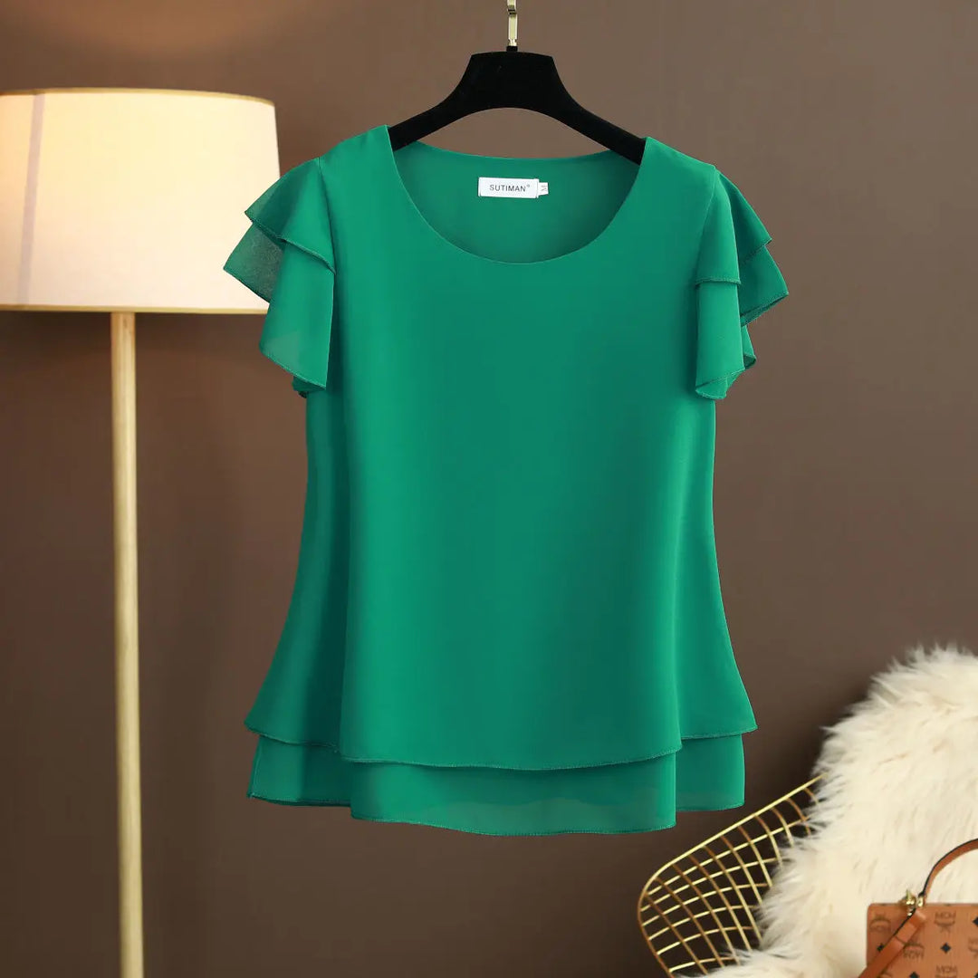 Echoarchiv | Chiffon Bluse mit O-Ausschnitt und Kurzen Ärmeln