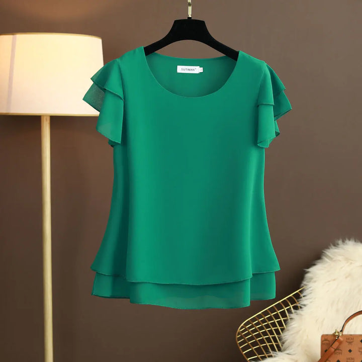 Echoarchiv | Chiffon Bluse mit O-Ausschnitt und Kurzen Ärmeln