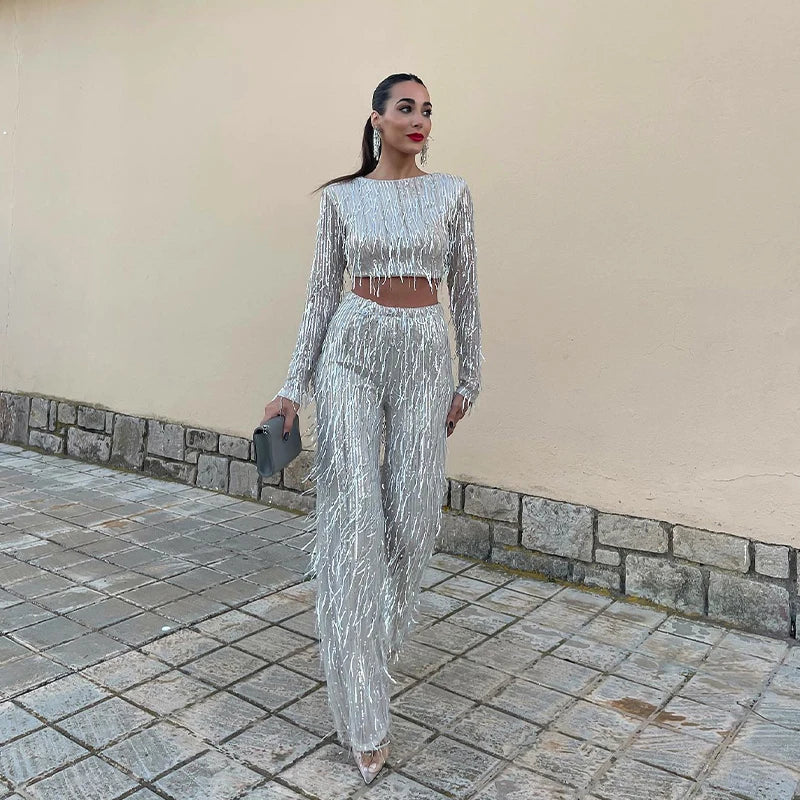 Echoarchiv | Quaste Pailletten Frauen 2 Teilig Set Herbst Silber Licht Seide O-Ausschnitt Crop Tops Breite Bein Hosen Damen Anzug Mode Straße Damen Set
