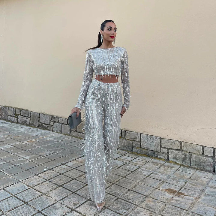 Echoarchiv | Quaste Pailletten Frauen 2 Teilig Set Herbst Silber Licht Seide O-Ausschnitt Crop Tops Breite Bein Hosen Damen Anzug Mode Straße Damen Set