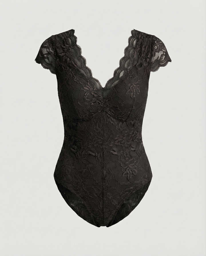 Sophia - Figurbetonte Kurzarm-Bodysuits mit V-Ausschnitt und Spitze