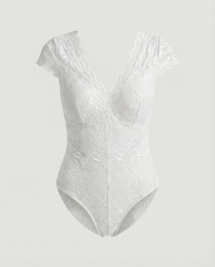 Sophia - Figurbetonte Kurzarm-Bodysuits mit V-Ausschnitt und Spitze