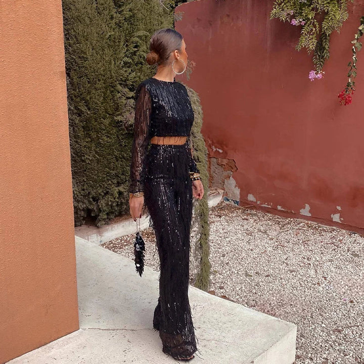 Echoarchiv | Quaste Pailletten Frauen 2 Teilig Set Herbst Silber Licht Seide O-Ausschnitt Crop Tops Breite Bein Hosen Damen Anzug Mode Straße Damen Set