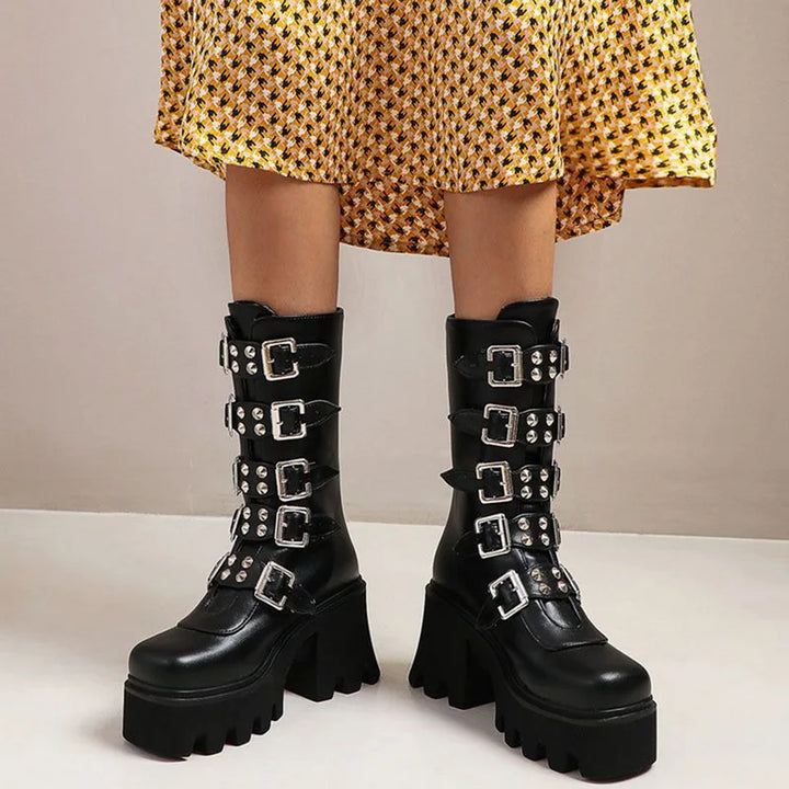Echoarchiv | Gothic Schuhe Frauen Schwarz Hochstiefel Weiblich Hohe Absatz Frauen Combat Punk Chunky Dame