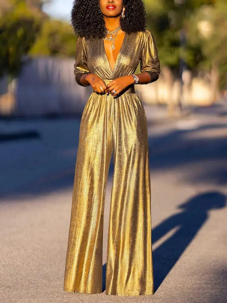 Echoarchiv Damen Jumpsuit mit V-Ausschnitt und Metallic-Optik
