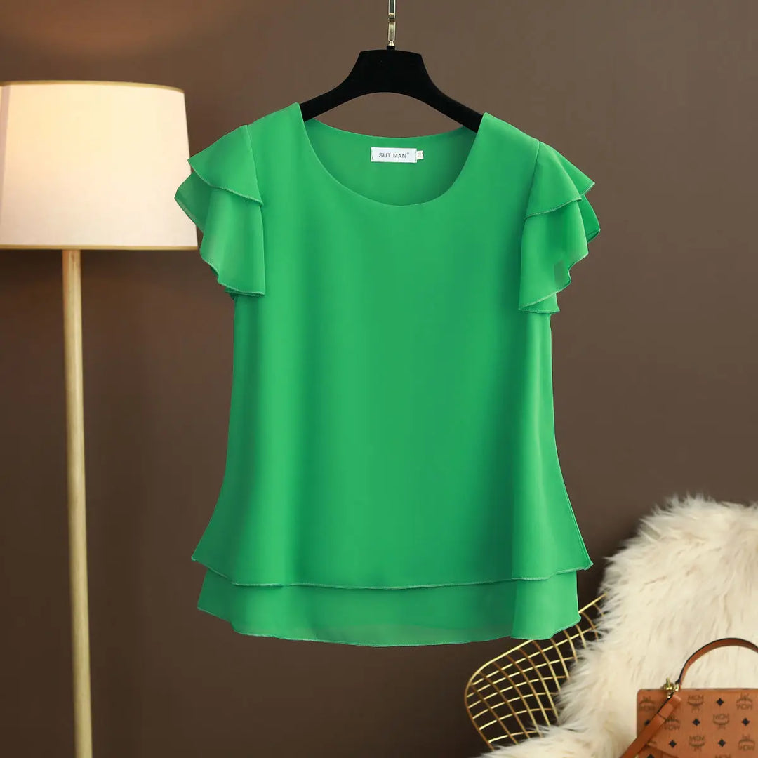 Echoarchiv | Chiffon Bluse mit O-Ausschnitt und Kurzen Ärmeln