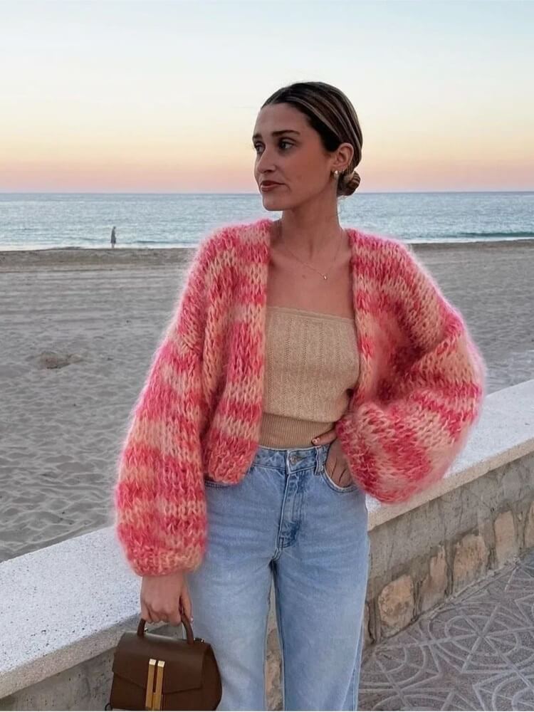Gestreifte offene Strickjacke – Veloura