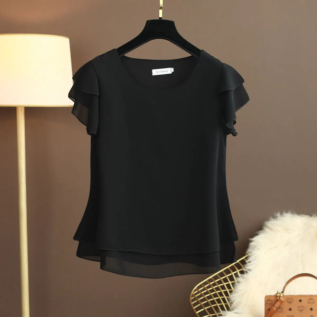 Echoarchiv | Chiffon Bluse mit O-Ausschnitt und Kurzen Ärmeln