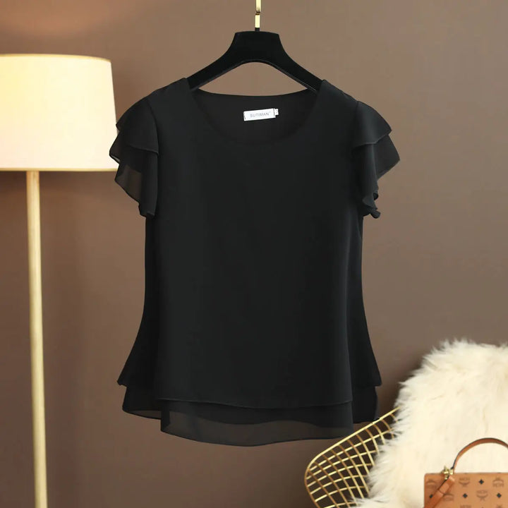 Echoarchiv | Chiffon Bluse mit O-Ausschnitt und Kurzen Ärmeln